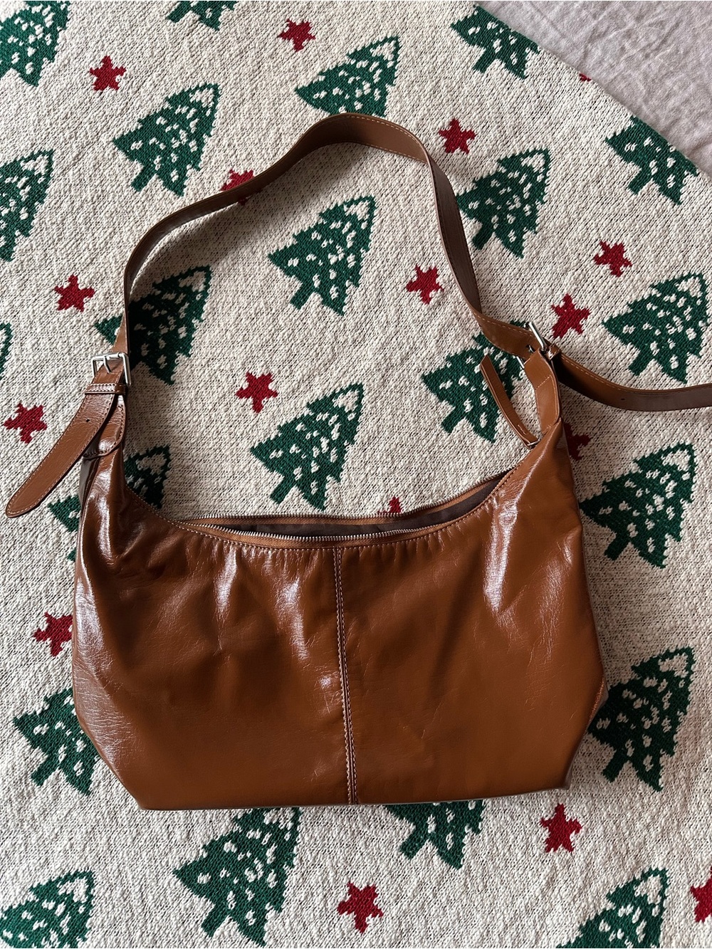 Brown Patent Shoulder Bag with Adjustable Strap